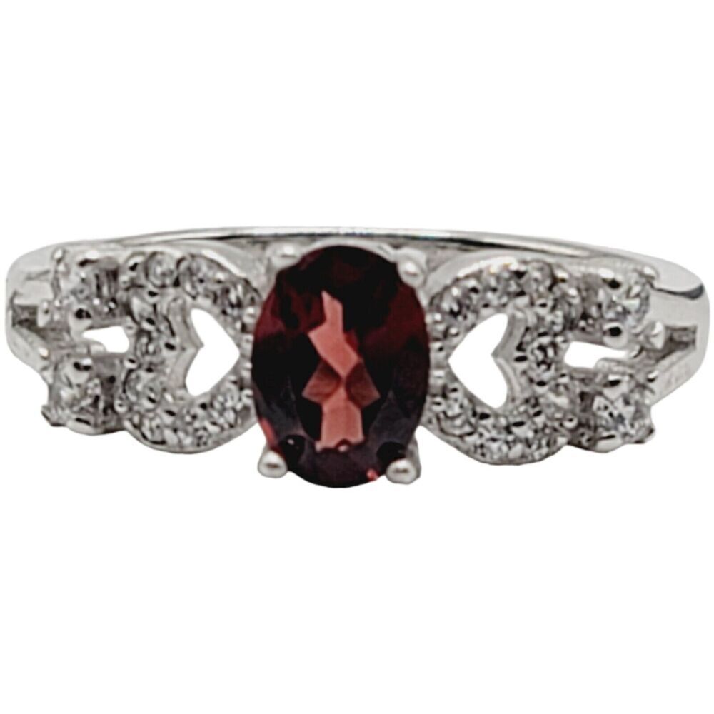 925 Sterling Silver Rhodium Plated Genuine Garnet Ring Clear CZ‎ Heart Design